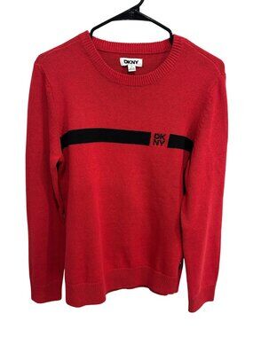 DKNY Small Red Crewneck Logo Sweater Black Stripe Womens Streetwear Casual